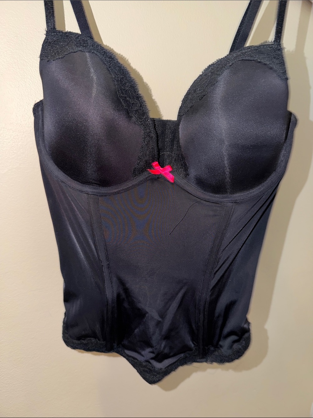 Black Lace-Trim Bustier Bodysuit with Pink Bow